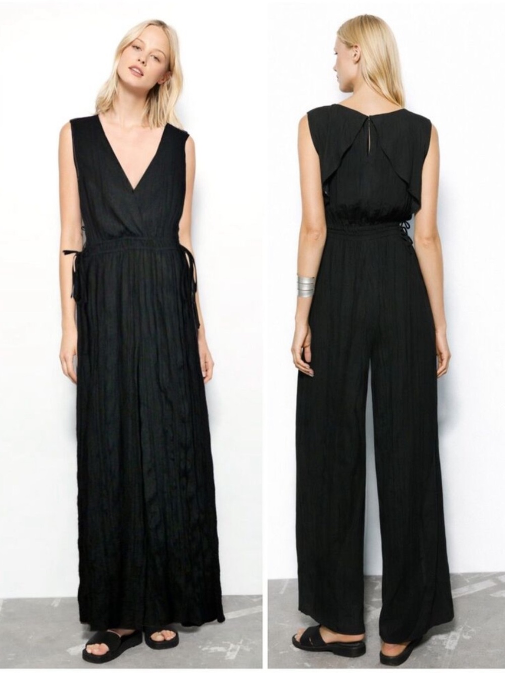 NWT Zara Wrinkled Satin Effect Pleated V-Neck Jumpsuit with Drawstring Waist